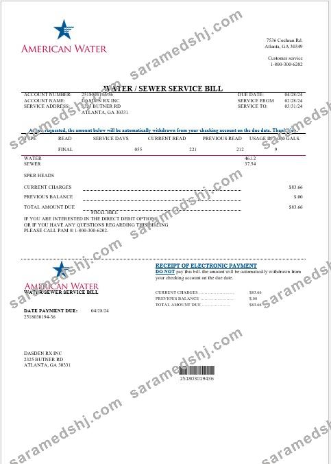 USA Georgia American Water business utility bill template in Word and PDF formats